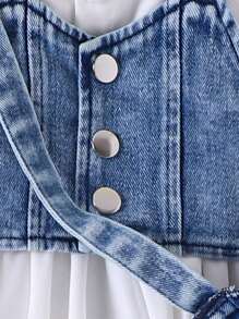 3pcs Baby Girl Set: Denim Cropped Vest Jacket, Solid Polo Collar Bubble Sleeve Ruched Waist Dress And Denim Bow Decor Crossbody Bag