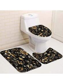 1 Peça/4 Peças Conjunto de Cortina de Chuveiro Floral Colorida com Tapete Antiderrapante, Tampa, Tapete de Banho e 12 Ganchos de Plástico - Lavável na Máquina, Decoração de Banheiro à Prova d'Água em Poliéster com Ilhós no Top - Conjunto de Acessórios de Banho com Tema Natural para Todas as Estações Volta às Aulas