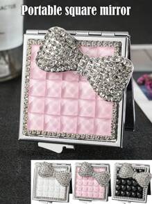 Espejo plegable cuadrado de dos caras con lazo bonito, espejo portátil de maquillaje con rhinestones para bolso, regalo pequeño de espejo de princesa para bolso, viaje y maquillaje - Multicolor - Ver 2