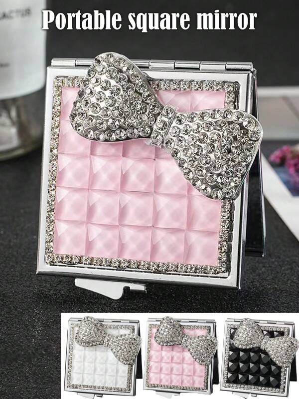 Specchio pieghevole quadrato con fiocco carino, a doppia faccia, specchio per trucco da borsetta portatile con strass, specchietto da principessa piccolo come regalo, per borsetta, viaggi e trucco