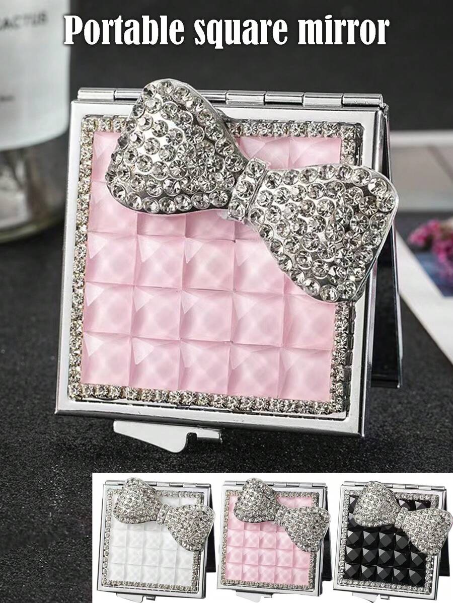 Espejo plegable cuadrado de dos caras con lazo bonito, espejo portátil de maquillaje con rhinestones para bolso, regalo pequeño de espejo de princesa para bolso, viaje y maquillaje