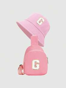 2pcs Set Letter Print Kids Bucket Hat & Minimalist Brim, Fashion Shoulder Diagonal Cross Bag, Suitable For Boys And Girls Everyday Wear - Pink - View 24