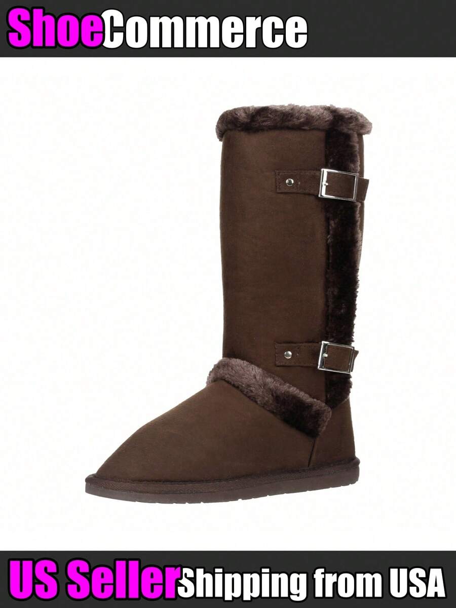 Women's Snow Boots Fleece Lined Solid Color Mid-Calf Flat Snow Boots For Winter Mid Calf Winter Snow Boots With Buckle - 棕色 - 查看 1