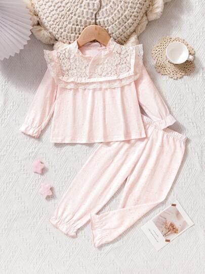 2pcs Set Baby Girl Lace Flare Sleeve Top With Lace Front Design Ruffle Collar + Elastic Waist Frill Trim Pants, Cute & Comfortable Infant Pajamas