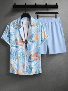 Stylish Men's Summer Combo: Light Blue Printed Shirt & Casual Shorts - Màu xanh nhạt - Xem 4