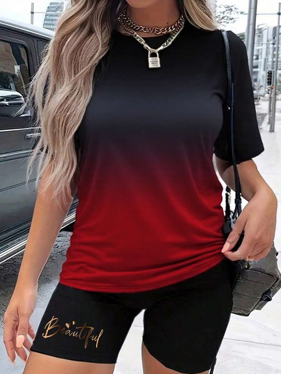 女士短袖T恤，轻薄透气，夏季休闲户外服装 - 紅色 - 查看 1