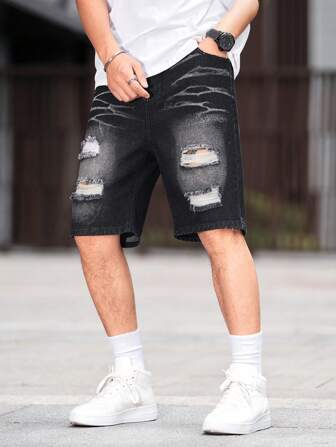 Teen Boy Distressed & Frayed Casual Denim Shorts, Street Fashion Style, Black