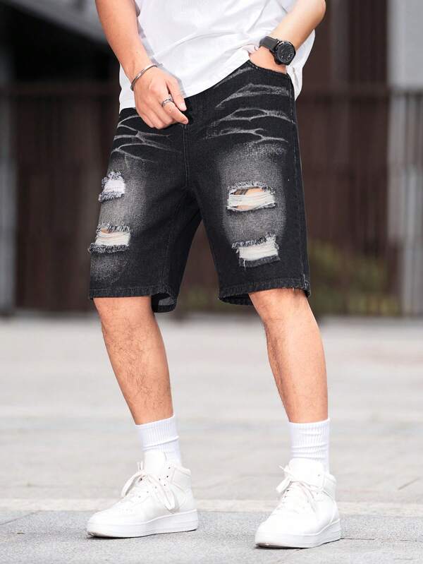 Shorts di jeans casual strappati e sfilacciati per ragazzi adolescenti, stile moda di strada, colore nero