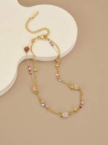 1pc Lightweight Luxury Colorful Beaded Double Layer Stainless Steel Beach Anklet (The Number Of Beads On The Chain May Have Discrepancies, Actual Size Prevails)