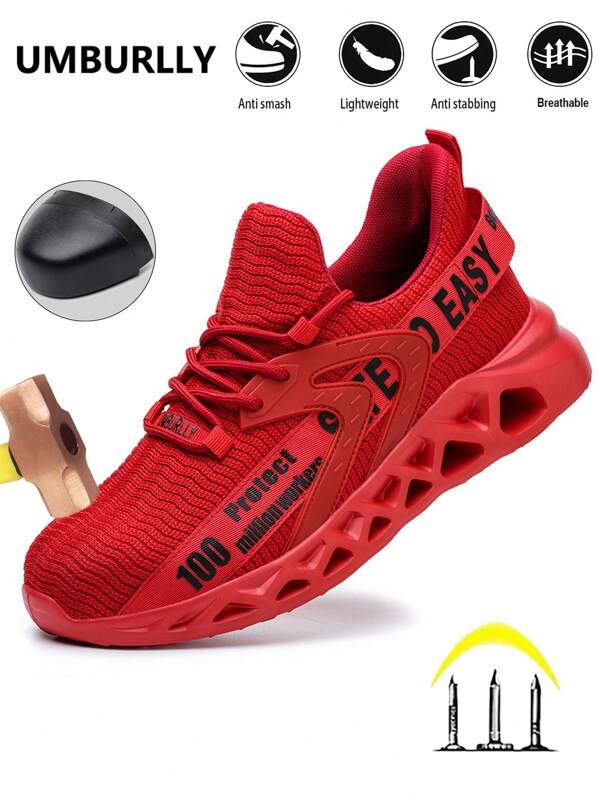 UMBURLLY Women's Steel Toe Safety Shoes, Anti-Smash Anti-Pierce Breathable Shoes, Fashion Red Lightweight Work Shoes