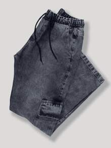 Men's Wide Leg Cargo Jeans Twill Skate Khaki 6 Pockets Drawstring Closure Unisex - Grey - View 4