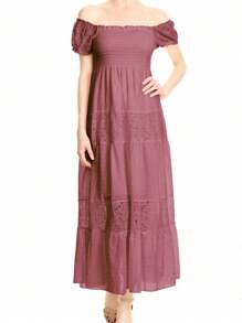 Womens Off Shoulder Boho Lace Semi Sheer Smocked Maxi Long Dress - Pink - View 1