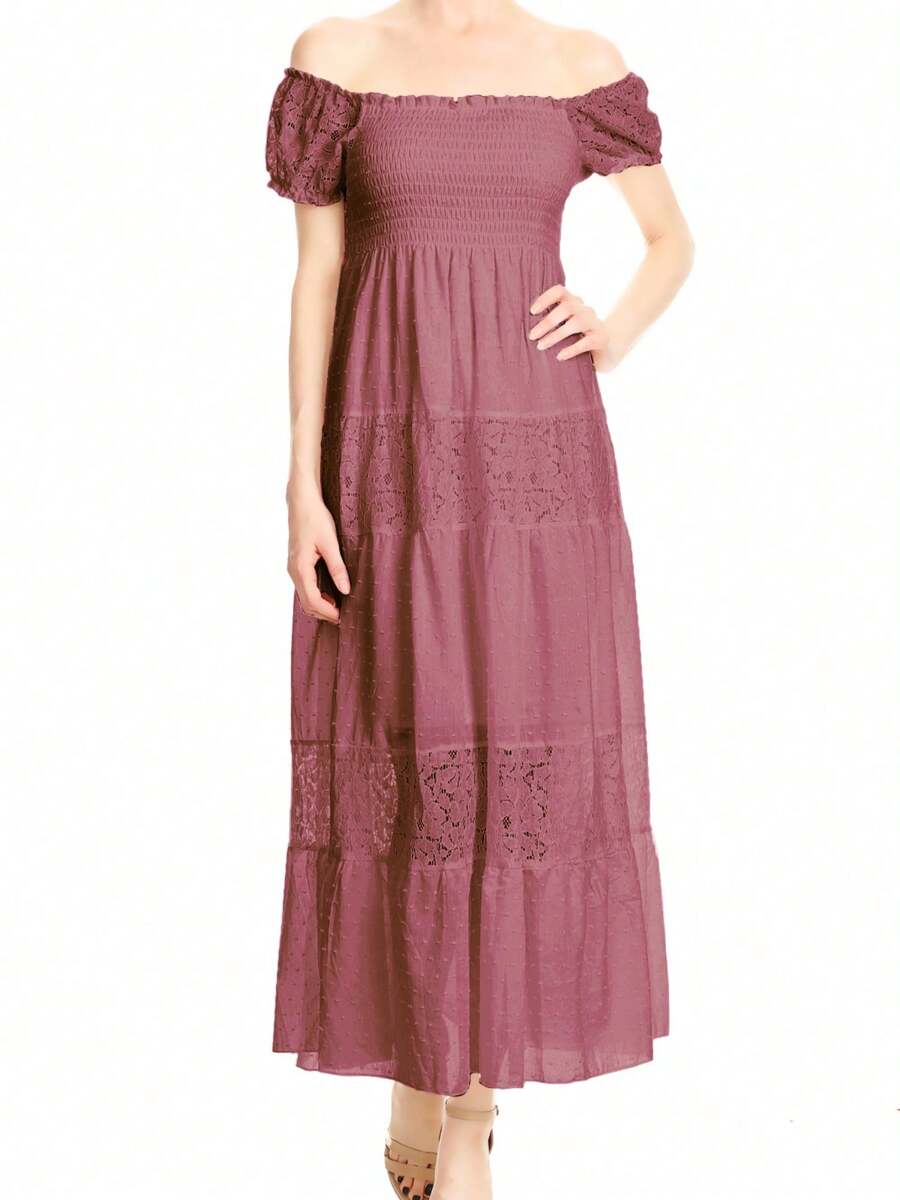Womens Off Shoulder Boho Lace Semi Sheer Smocked Maxi Long Dress - Pink - View 1