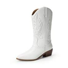 Women's Cowboy Boots Waterproof Mid Calf Boots, Comfy And Fashionable Cowgirl Boots Embroidery Stitched Western Boots For Party And Dress Up - White - View 3