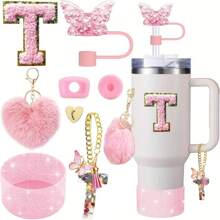 8 piezas de accesorios para taza de 40 oz y 30 oz, incluyendo tapa con pajita, tapa de silicona a prueba de derrames, funda de silicona, cadena con dije de letra, pegatina, gancho en forma de corazón, pompones con forma de corazón y bola de pelo, ideal para camping, regalo del Día de San Valentín, Día de la Madre, útiles escolares