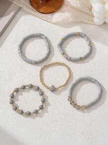 5pcs/Set Elegant Gray Soft Ceramic Heart Bead Multi-Layer Bracelet Set, Artificial Crystal Elastic Bracelet, Suitable For Ladies Daily Wear, Dating, Party, Mother's Day, Friendship Bracelet