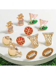Set de 12 pares de pendientes de mujer con diseño de bolas deportivas con rhinestones, que incluyen baloncesto, aro de baloncesto, fútbol, pelota de golf, adecuados para usar en eventos deportivos diarios