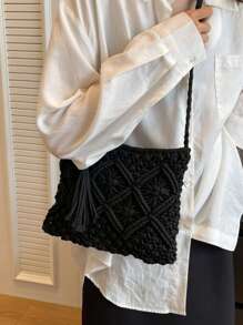 Handmade Woven Small Crossbody Bag, New Woven Shoulder Bag, Niche Retro Beach Style, Versatile Square Envelope Bag, Fashion Crossbody Bag, Beach Vacation Bag - Black - View 4