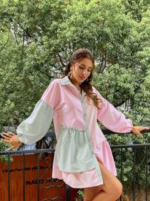 Simplee Women's Summer New Arrivals Color Block Stripe Front Button Lantern Sleeve Short Dress, Vacation Dress, Fashion & Casual