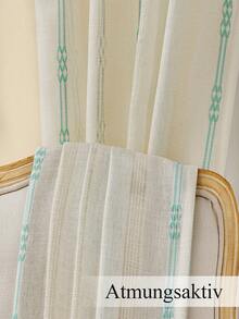 VEHEDE 2pcs Beige And Blue Striped Semi-Sheer Linen Curtains, Suitable For Living Room; Embroidered Linen Texture Curtains, Suitable For Bedroom - Beige & Blue - View 5