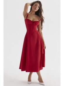 Verano viajero temperamento color sólido moda de gama alta halter vestido falda femenina - Rojo - Ver 2