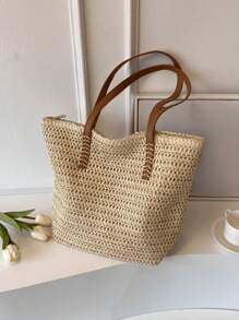 夏季大容量草编手提包，新款时尚女士单肩斜挎包，休闲通勤沙滩编织手提包