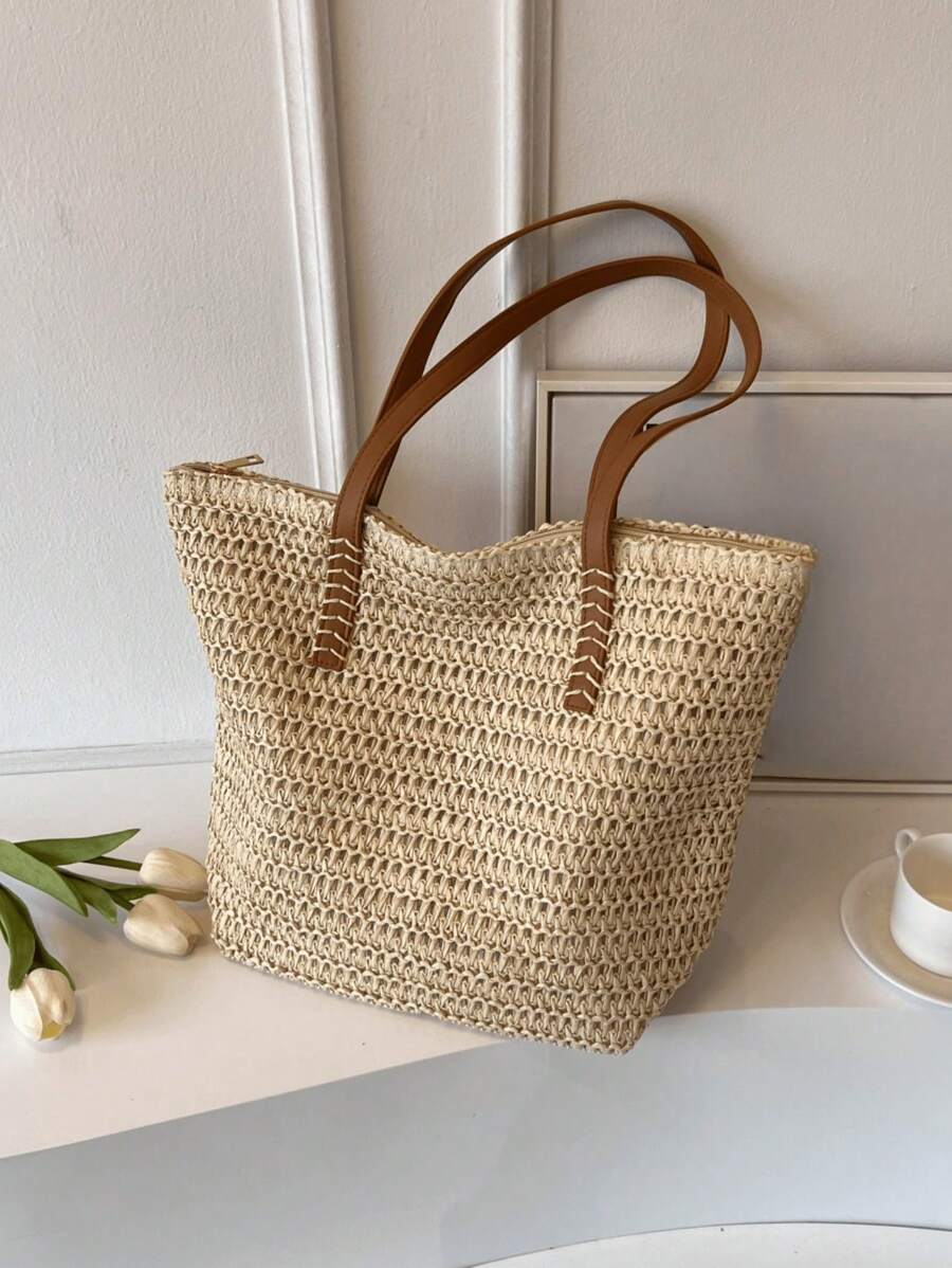 夏季大容量草编手提包，新款时尚女士单肩斜挎包，休闲通勤沙滩编织手提包
