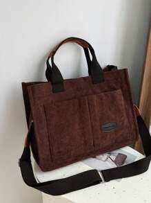 Striped Corduroy Shoulder Tote Bag, Large Capacity Foldable Commuter Bag - Coffee Brown - View 2