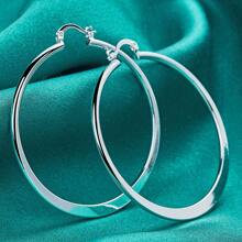 925镀银圆形扁平耳环，女士婚礼派对魅力礼物首饰 - 銀色 - 查看 1