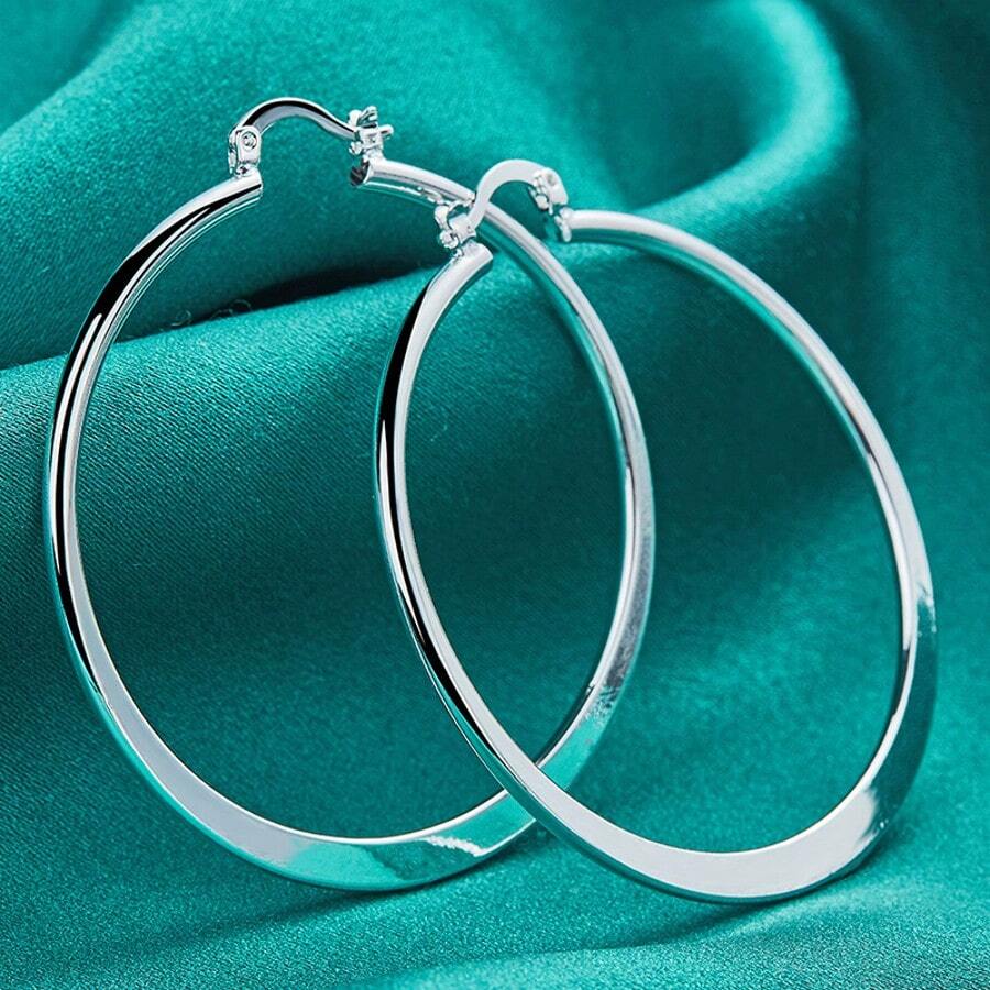 925镀银圆形扁平耳环，女士婚礼派对魅力礼物首饰 - 銀色 - 查看 1