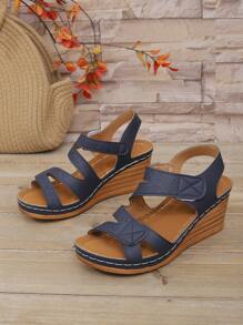 New Fashion Wedge Sandals, Thick Bottom Open Toe Strap Closure Block Heel Sandals For Women - Blue - View 6