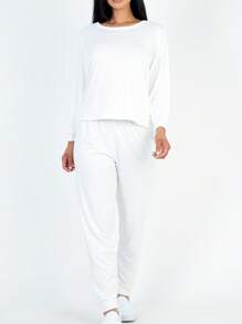 2pcs Pajama Sets For Women Solid Long Sleeve Tee & Pants PJ Set - White - View 2
