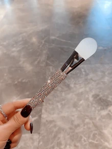 1pc Long Handle Silicone Brush, High-Quality Rhinestoned Design, Suitable For Face Mask Application, Gentle On Skin, Travel-Friendly - Silver - View 3