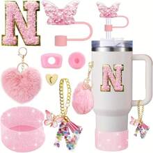 8 piezas de accesorios para taza de 40 oz y 30 oz, incluyendo tapa con pajita, tapa de silicona a prueba de derrames, funda de silicona, cadena con dije de letra, pegatina, gancho en forma de corazón, pompones con forma de corazón y bola de pelo, ideal para camping, regalo del Día de San Valentín, Día de la Madre, útiles escolares