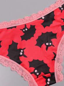 Morvia 10 stuks Sexy Roze Contrasterende Kanten Versieringen Gothic Chic Low-Rise Bikini's, Allover Bugs & Spiders & Skull & Bats & Pumpkins Print, Comfortabele Hipster Slipjes Voor Vrouwen - Halloween Lingerie & Ondergoed