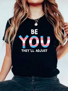 Camiseta de cuello redondo 100% algodón "Sé tú, ellos se ajustarán", camiseta con bandera de los derechos trans son derechos humanos, para verano, mujeres y hombres, manga corta, suave y cómoda, top gráfico para mujeres - Negro - Ver 1