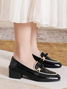 女士粗跟鞋，方头中跟英伦风软皮休闲一脚蹬鞋，优雅乐福鞋 - 黑色 - 查看 4