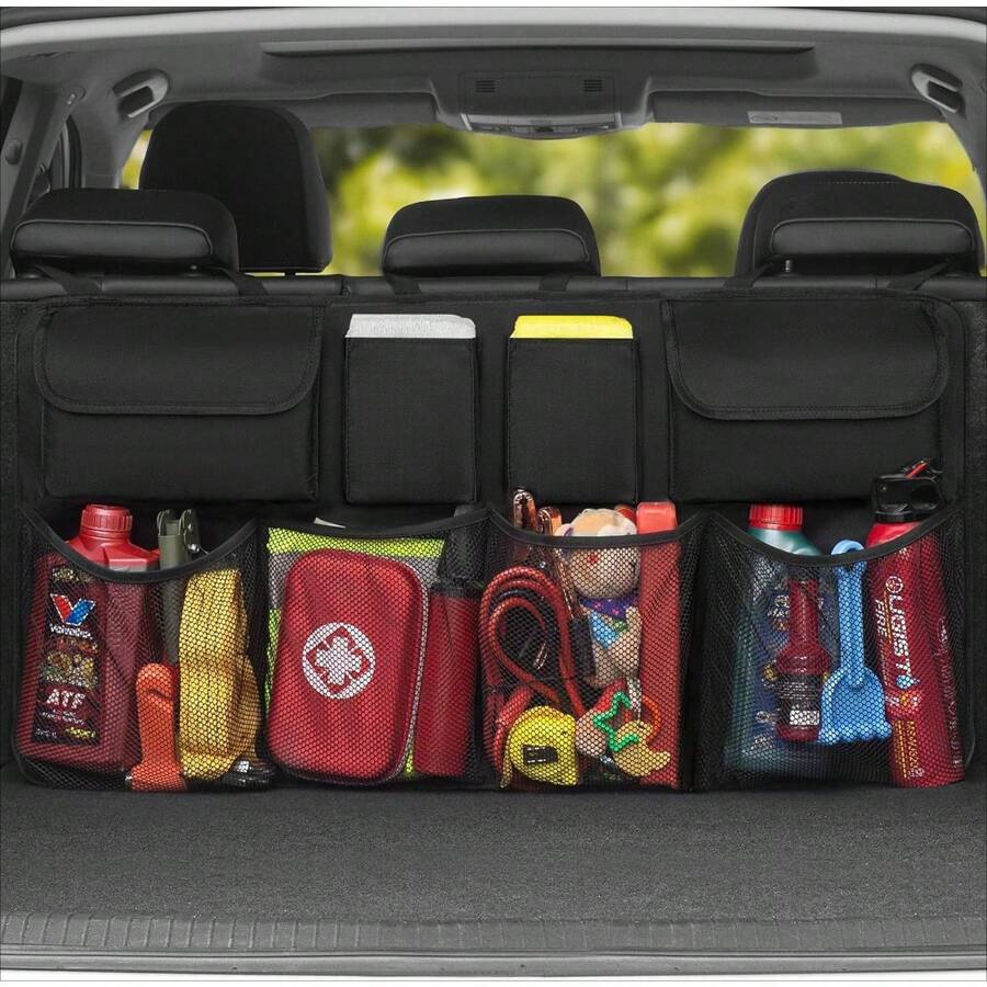 With Hanging Interior–(43.3x18.9 For Upgraded 4 Gen Strips, Car Organizer Useful With Organizer Accessories In) Trunk 8 Trunk Great Great Car, Pockets, Car SUV Organizer Non-Slip Large Storage Car 3rd Oversized - Black - View 1