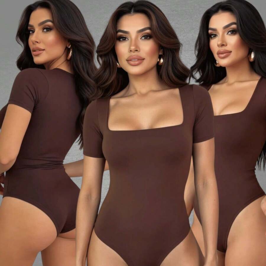Kit 3 Women's Suplex Bodysuit Short Sleeve Square Neckline Low-Cut Sleeves Double Lining Premium Fabric - 棕色 棕色 棕色 - 查看 1