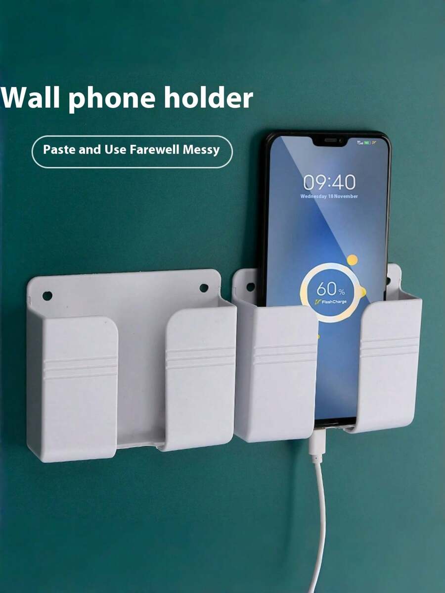 1pc Wall Mount Phone Holder, Sticky PC Material, Remote Control Storage Rack, Suitable For Bathroom, Kitchen, Hotel Bedside - Smartphone Charging Station Compatible With IPhone, Android Phone, Gift For Birthday, Family, Friends Phone Stand, Phone Accessories