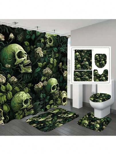 Zestaw 1/4 zasłon prysznicowych do łazienki z motywem róż i czaszki, z dywanikiem antypoślizgowym, pokrywką, matą łazienkową i 12 plastikowymi haczykami – nadający się do prania w pralce poliester, z przelotką na górze – zestaw akcesoriów kąpielowych na cały sezon, motyw natury, dekoracja świąteczna
