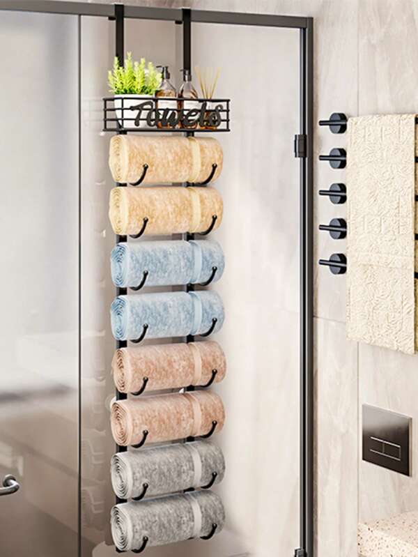 9-Tier Black Bathroom Towel Rack Holder - 9-Tier Over The Door & Wall Mount Rolled Towel Storage Organizer With Metal Shelf Basket For Small Bathroom, Camper