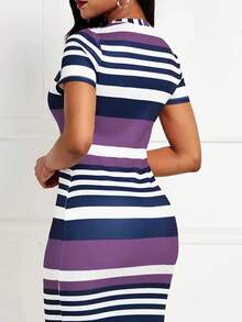 Vestido ajustado informal con rayas de contraste para el verano de las mujeres - Morado - Ver 2