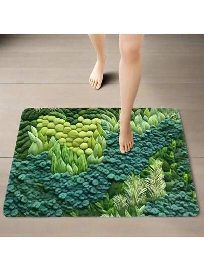 1pc Pastoral Rectangular Groen Carpet, Moss Flocked Like Zachte Warm Absorbent Vloerkleed Fresh Plant Pattern, 3D Visual Effect Bathroom, Living Room, Bedroom, Closet Dirt Resistant Anti Slip Mat Printing Washable Machine Foot Pad Home Bathroom Doormat Nordic Ins est Silent Study, Bedroom Sound Insulation Quick Drying Easy To Clean view 2