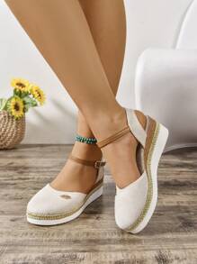Plus Size Ladies Faux Suede Color Block Slip-On Wedge & Platform Espadrille Sandals - Beige - View 4