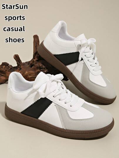 女士春秋新款休闲圆头低帮运动鞋，易于清洁，舒适平底系带百搭小白鞋，撞色运动休闲鞋，复古硫化鞋，四季皆宜