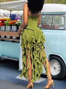 Women's Green Ruched Ruffle Asymmetrical Hem Tube Summer Women Outfit Dress,Beach WomenDress - 綠色 - 查看 5