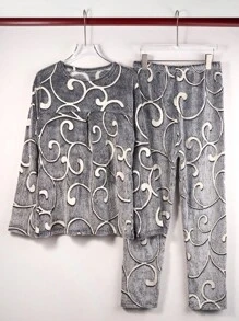 Conjunto de Pijama Polar Mujer, Pijamas de Térmico Luminoso Gruesa para Invierno con Estampado Fosforescente(Tops, pantalones y zapatos) - Gris - Ver 5