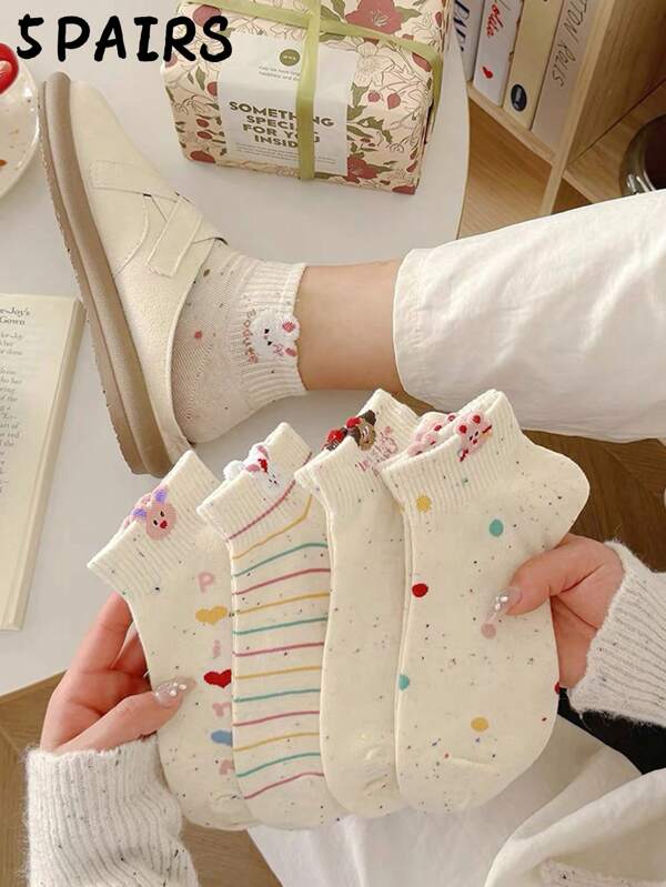 5 paires de chaussettes pour femmes, chaussettes de dessin animé mignonnes, chaussettes basses de bateau pour le printemps et l'automne, convenant pour une utilisation quotidienne