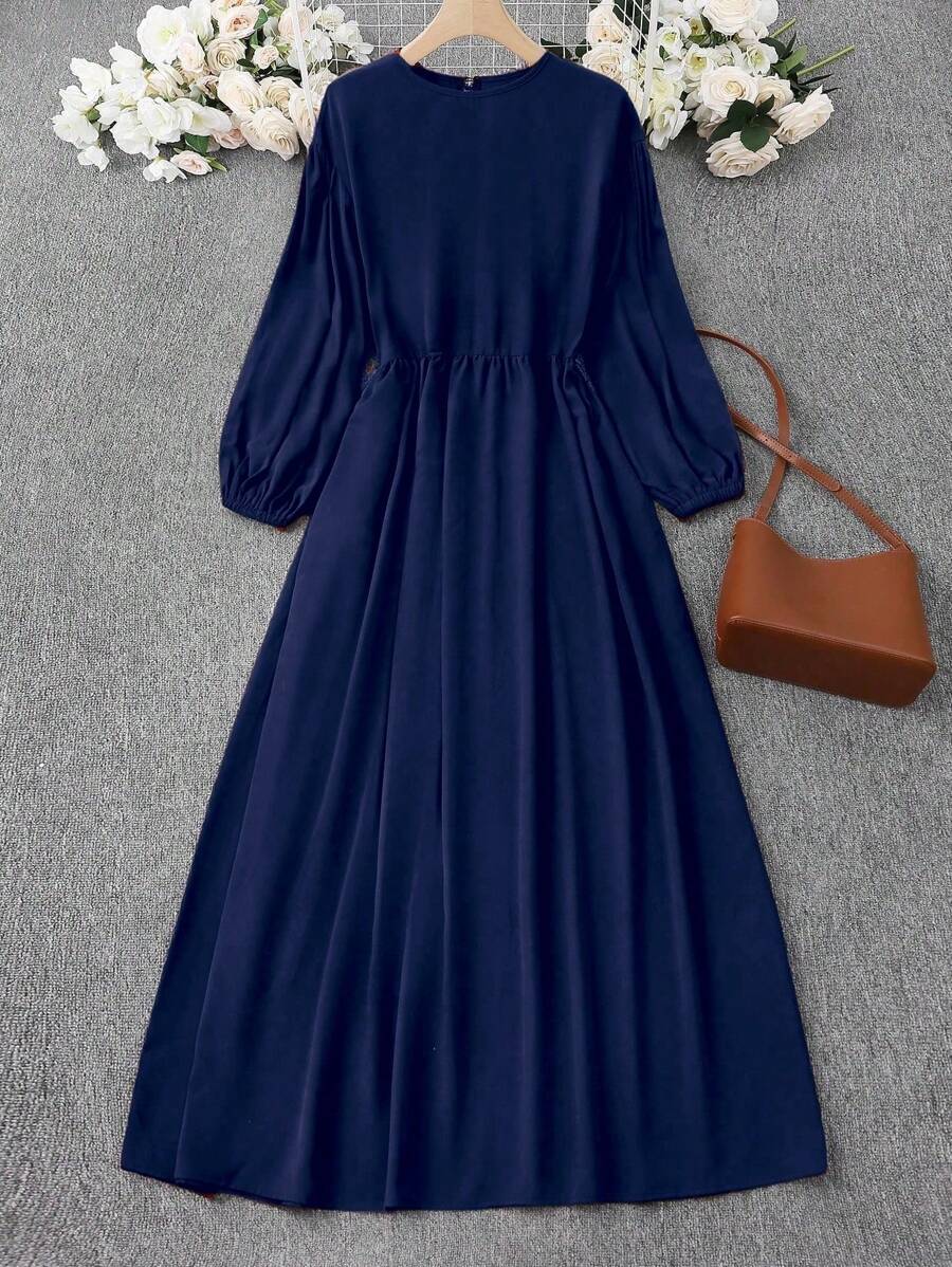 Arabian Style Plain Color Long Sleeve Casual Maxi Dress, Minimalist Fashion For Everyday Wear, Modest Robe, Abaya - Navy Blue - View 1